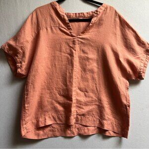 Ischiko 100% Linen orange short sleeve shirt Sz L 22.5” PTP